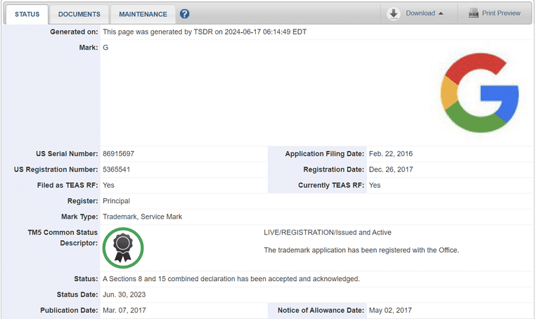 Minh họa về bảo hộ nhãn hiệu cho ký hiệu G của Google