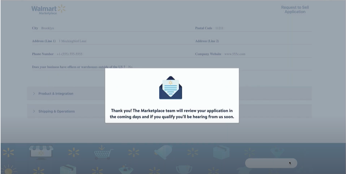 Thư báo đăng ký thành công cửa hàng Walmart