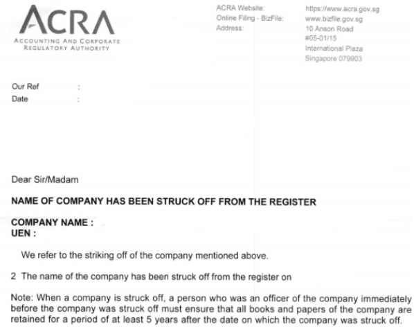 Company name removal from ACRA notification