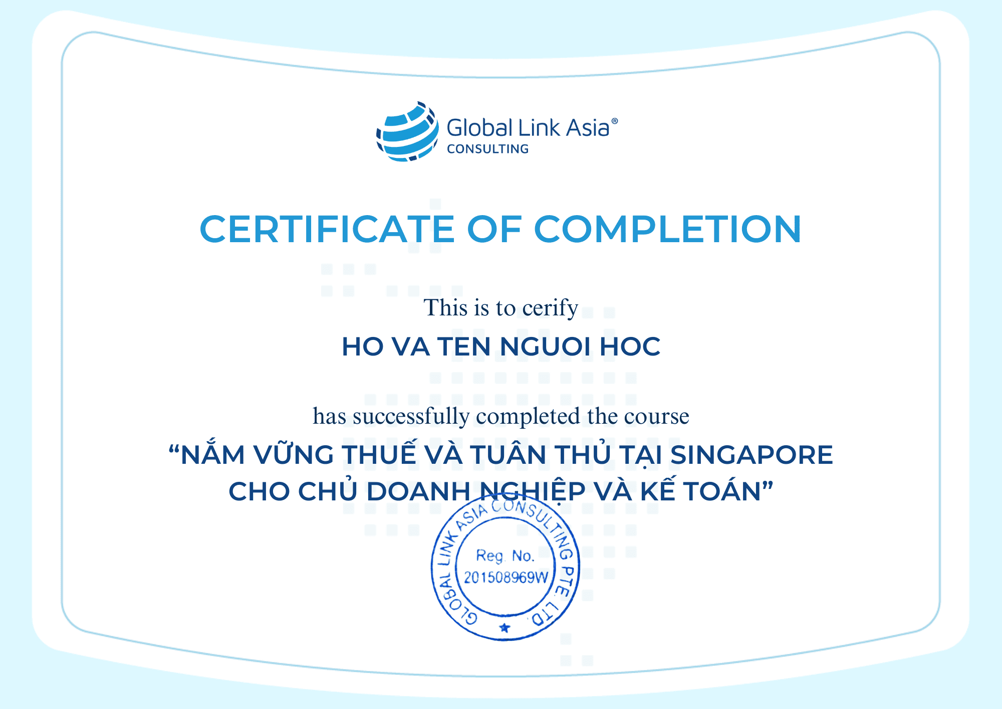 Chứng nhận hoàn thành khóa học tuân thủ và thuế Singapore