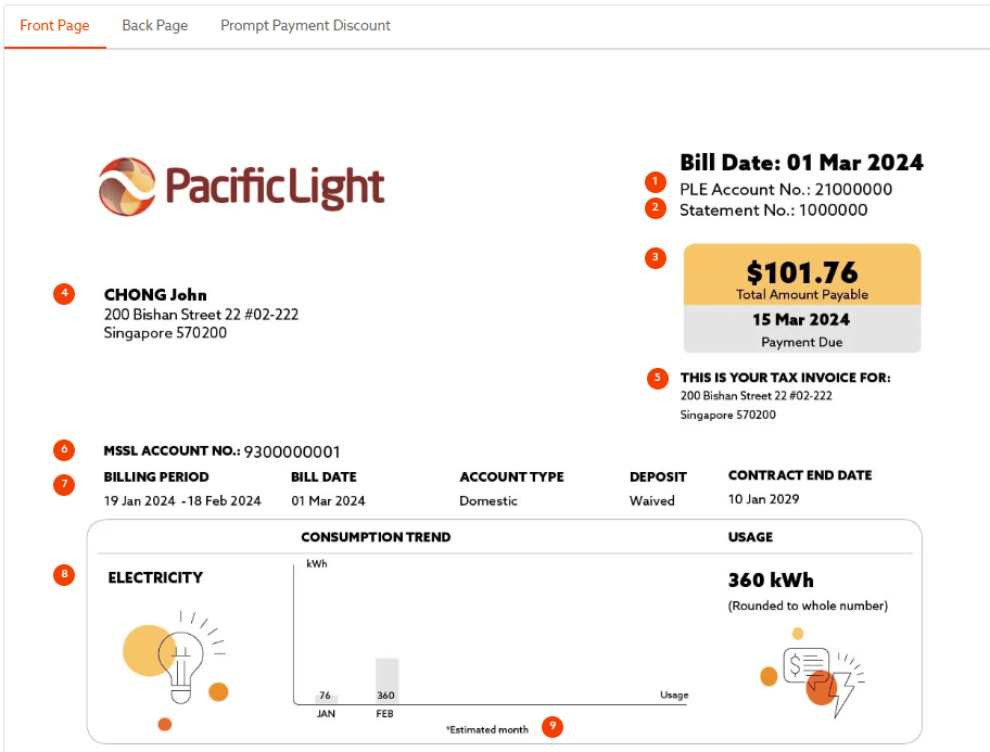 Example of a utility bill from Pacific Light Singapore