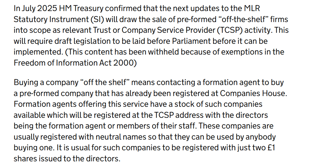 Companies Houe note on shelf companies