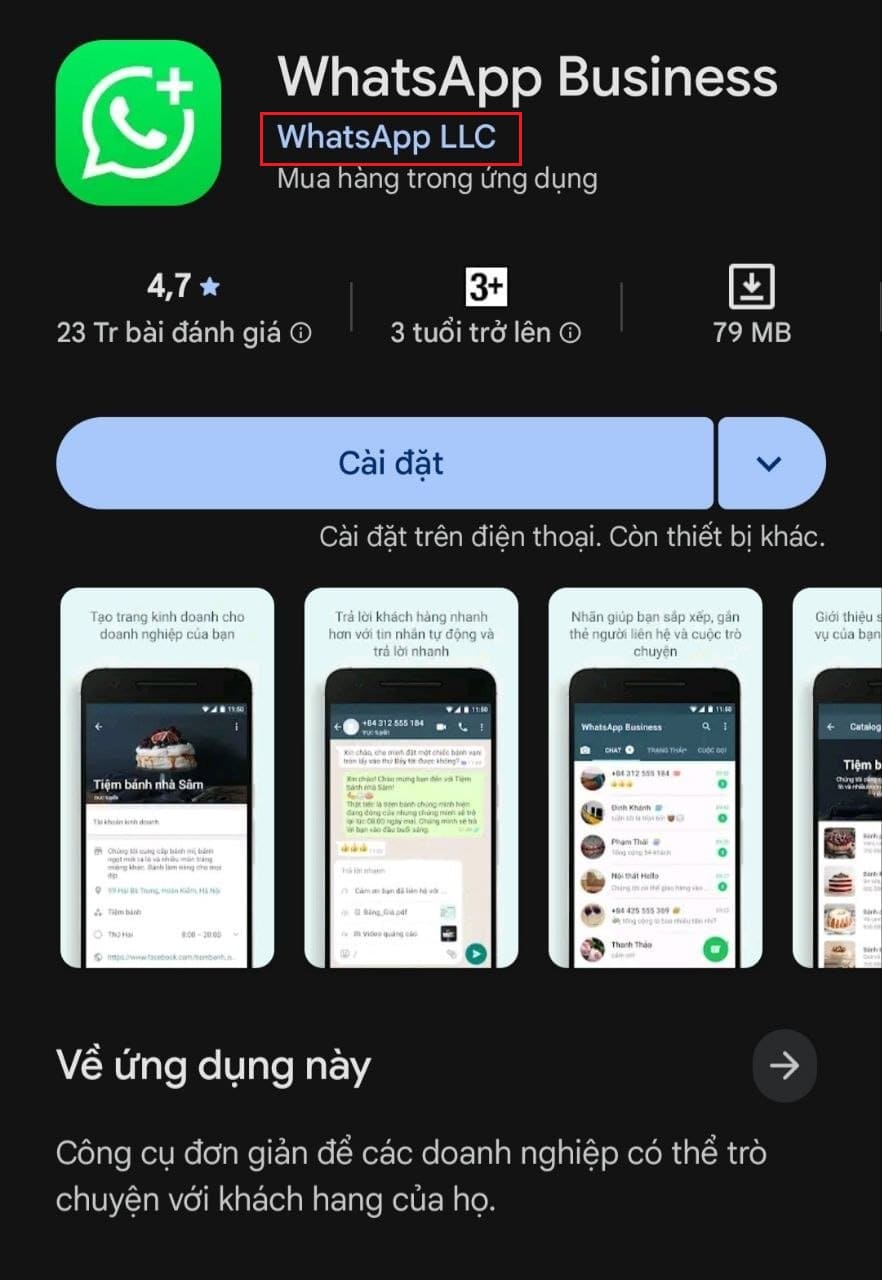 Ứng dụng WhatsApp trên Google Play hiển thị tên nhà phát triển là WhatsApp LLC