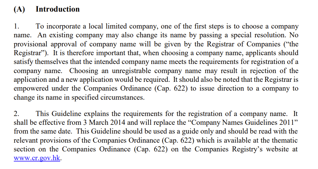 Yêu cầu và quy định về đặt tên công ty theo cơ quan quản lý Company Registry Hong Kong
