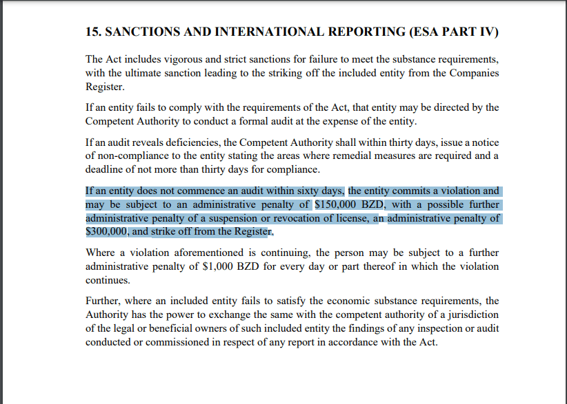 Hình phạt khi nộp trễ Belize Economic Substance 