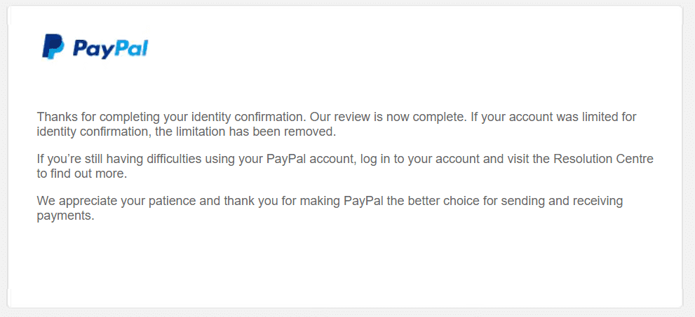 thông báo tài khoản paypal đã được xác minh